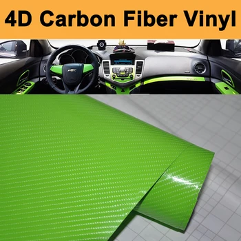 Блестящий яблочно-зеленый винил из углеродного волокна 4D Для обертывания автомобиля, пленка из углеродного волокна, Без пузырьков воздуха 1.52x30 м/рулон