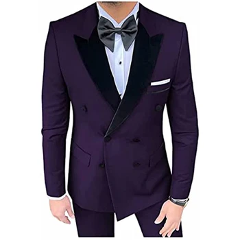 Мужской двубортный черный бархатный лацкан с отстрочкой, модный мужской костюм жениха для свадебной вечеринки, пиджак + брюки