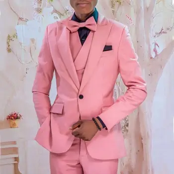 Розовый мужской деловой костюм из 3 предметов, приталенный, на одной пуговице, костюм для выпускного вечера, свадебный фрак жениха с лацканами (пальто + жилет + брюки